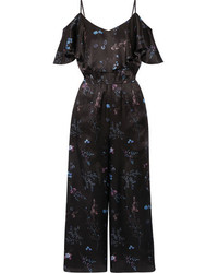 Rachel Zoe Houghton Ruffled Floral Print Silk Satin Jumpsuit Black