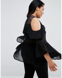 Asos Curve Curve Cold Shoulder Tiered Ruffle Blouse With Lace Insert