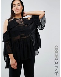 Asos Curve Curve Cold Shoulder Tiered Ruffle Blouse With Lace Insert