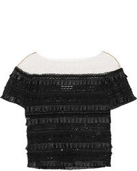 Marchesa Lace Trimmed Embellished Ruffled Tulle Top Black