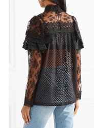 Anna Sui Ruffled Embroidered Lace Blouse Black