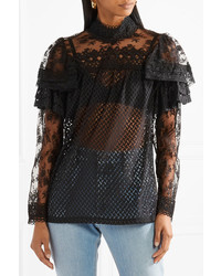 Anna Sui Ruffled Embroidered Lace Blouse Black
