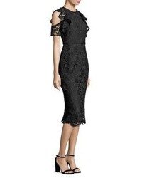 Shoshanna Midnight Ruffle Cold Shoulder Lace Midi Dress