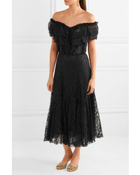 Dolce & Gabbana Off The Shoulder Ruffled Lace Midi Dress Black