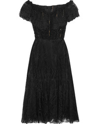 Dolce & Gabbana Off The Shoulder Ruffled Lace Midi Dress Black