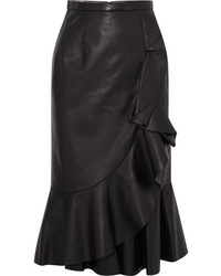 Black Ruffle Leather Midi Skirt