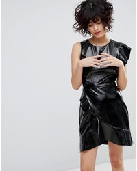 J.o.a. Mini Dress With Statet Ruffle In High Shine Faux Leather