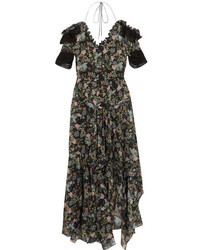 Preen by Thornton Bregazzi Dana Ruffled Floral Print Silk Georgette Midi Dress Black