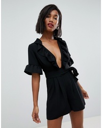 ASOS DESIGN Asos Tea Playsuit With Plunge Neck And Ruffle Detail
