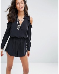 Asos Cold Shoulder Shirt Romper With Ruffles