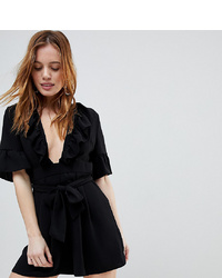 Asos Petite Tea Playsuit With Plunge Neck And Ruffle Detail