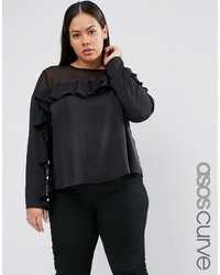 Asos Curve Curve Ruffle Top In Satin With Sheer Panel