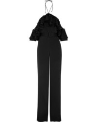 Emilio Pucci Cold Shoulder Embellished Ruffled Satin Jumpsuit Black