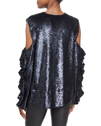 IRO Waleast V Neck Cold Shoulders Ruffled Sleeves Sequin Top