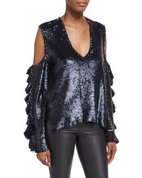 IRO Waleast V Neck Cold Shoulders Ruffled Sleeves Sequin Top