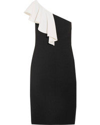 Saint Laurent One Shoulder Ruffled Wool Blend Crepe Dress Black