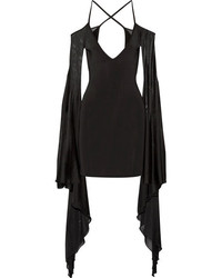 Balmain Open Back Ruffled Stretch Knit Mini Dress Black