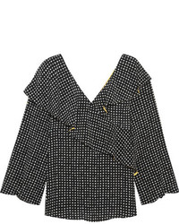 Diane von Furstenberg Ruffled Polka Dot Silk Crepe De Chine Wrap Top Black