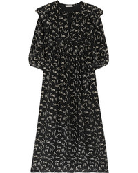 Mes Demoiselles Flocon Ruffled Printed Silk Crepe De Chine Midi Dress Black