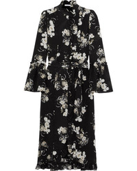 Erdem Siren Ruffled Floral Print Silk Crepe De Chine Dress Black