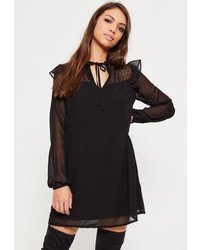 Missguided Black Ruffle Front Dobby Swing Dress