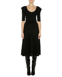 Black Ruffle Wool Midi Dress