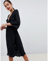 Outrageous Fortune Ruffle Wrap Midi Dress With Fluted Sleeve In Black
