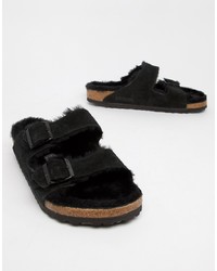 Birkenstock Arizona Wool Lined Sandals In All Black