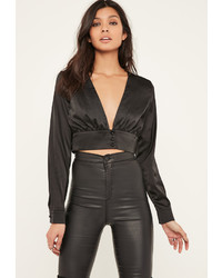 Missguided Black Button Front Satin Cropped Blouse