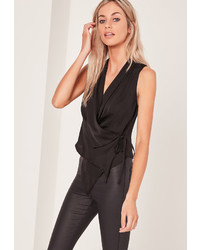 Missguided Black Hammered Satin Tie Side Top