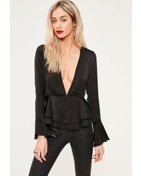 Missguided Black Trumpet Sleeve Plunge Frill Satin Blouse