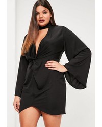Missguided Plus Size Black Hammered Satin Tab Neck Dress
