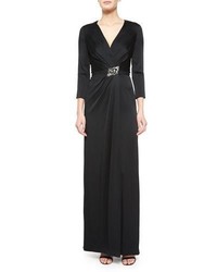 Jenny Packham Crystal Embellished 34 Sleeve Satin Gown Black