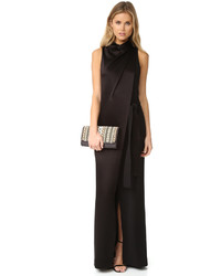 Halston Heritage Draped Neck Satin Gown With Belt