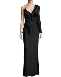 Diane von Furstenberg Satin Asymmetric Ruffle Gown Black