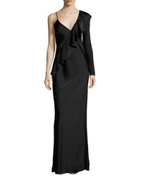 Diane von Furstenberg Satin Asymmetric Ruffle Gown Black