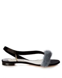 Olgana Paris La Croisette Mink Trimmed Satin Flat Sandals