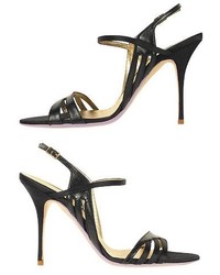 Forzieri Black Satin And Leather Cutout Evening Sandal Shoes