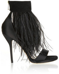 Paul Andrew Sofia Feather Trimmed Suede And Satin Sandals