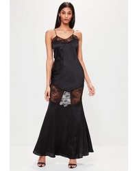 Missguided Black Satin Lace Strappy Maxi Dress