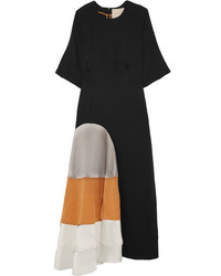 Roksanda Rauma Satin And Chiffon Paneled Silk Midi Dress Black