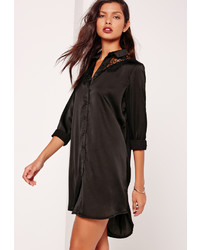 Missguided Lace Insert Satin Shirt Dress Black