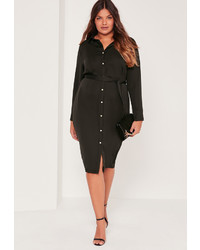 Missguided Plus Size Satin Button Through Belted Shirt Dress Black