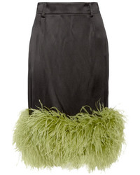 Prada Feather Trimmed Satin Midi Skirt Black