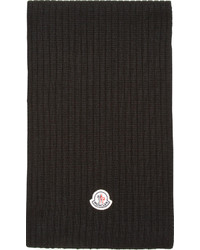 Moncler Black Ribbed Knit Wool Logo Scarf