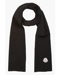 Moncler Black Ribbed Knit Wool Logo Scarf