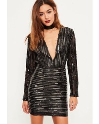 Missguided Black Sequin Plunge Bodycon Dress