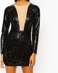Rare London Plunge Neck Long Sleeve Body Conscious Dress In All Over Sequin