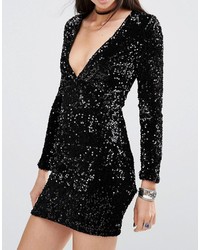 Motel Meli Bodycon Dress In Iridescent Sequin With Plunge Neck