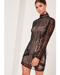Missguided Premium High Neck Feather Sleeve Bodycon Dress Black